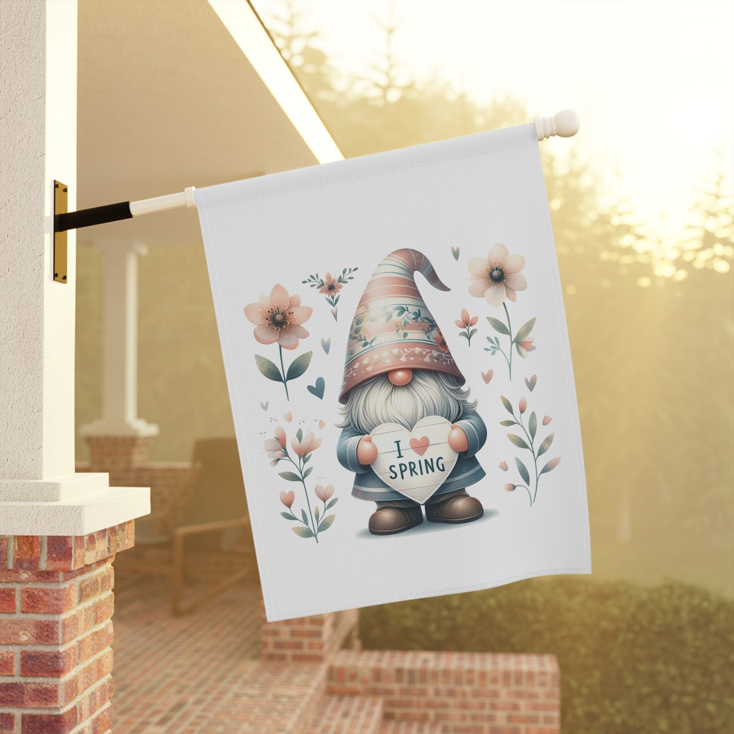 "I Love Spring" Gnome Garden Flag with Flowers