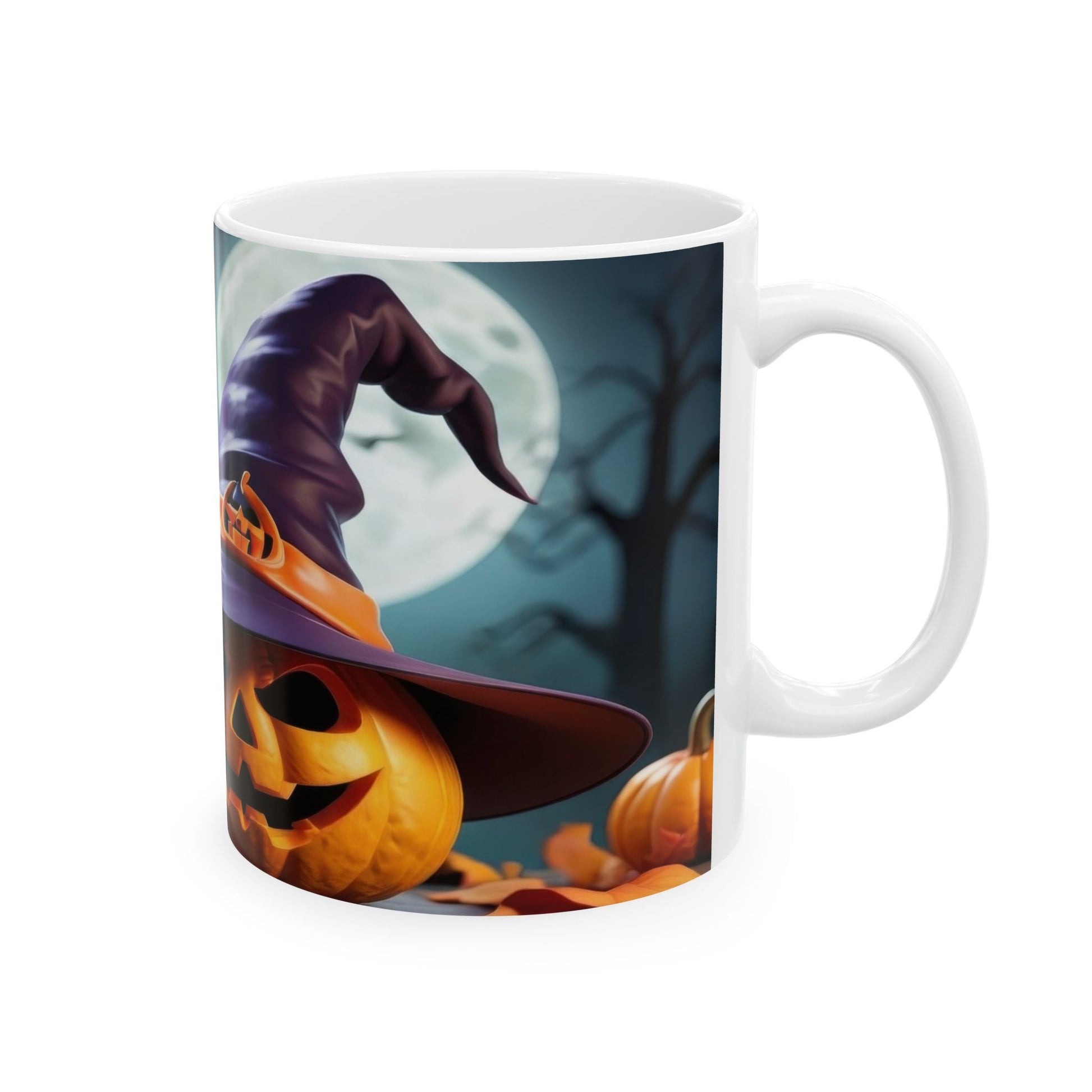 White ceramic coffee mug with a large, orange carved pumpkin wearing a purple witch hat, set against a dark blue night sky with a full moon and silhouetted trees
