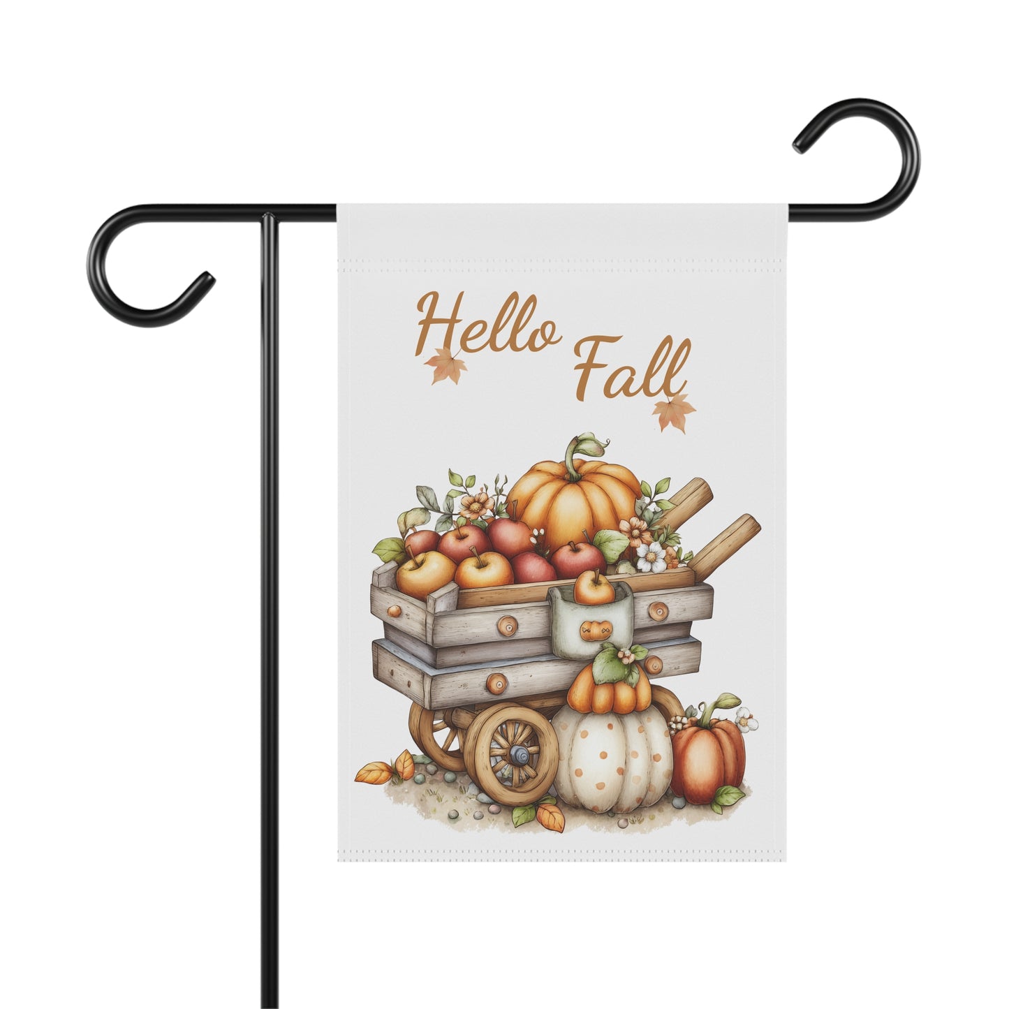Hello Fall garden flag featuring an illustration of a rustic wooden barrel filled with colorful pastel pumpkins in shades of blue, orange, and pink with small autumn leaves and flowers.
