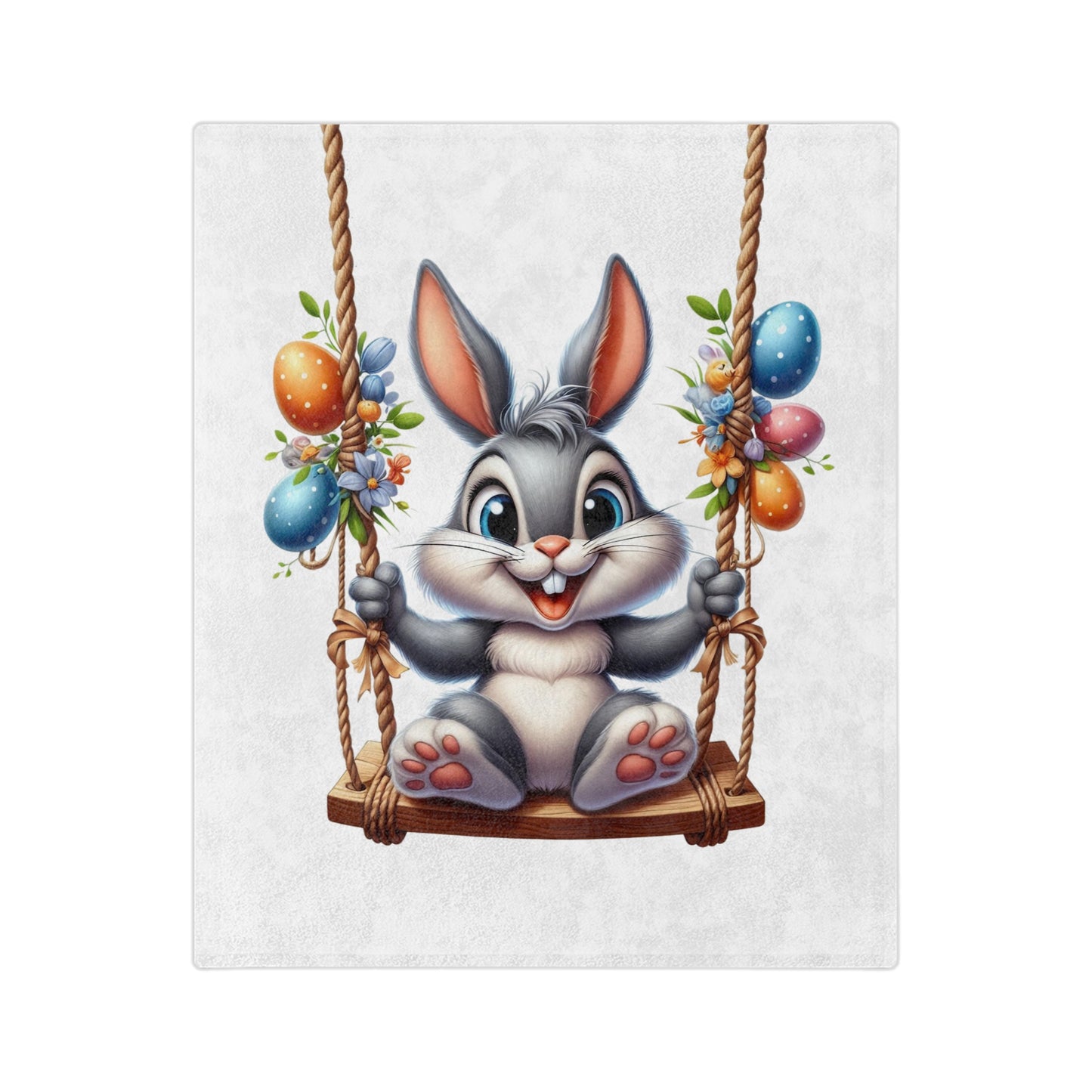 Lightweight velveteen blanket with a printed design of a cute grey cartoon bunny swinging on a rope swing adorned with Easter eggs and spring flowers.