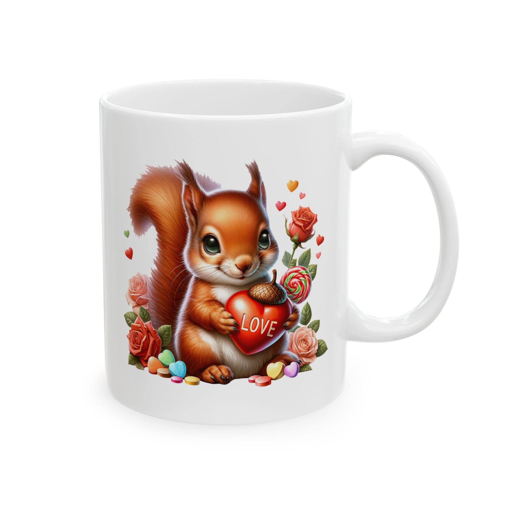 White ceramic coffee mug with a cute cartoon squirrel holding a red heart-shaped acorn that says 'LOVE', surrounded by pink and red roses, lollipops, and small candies
