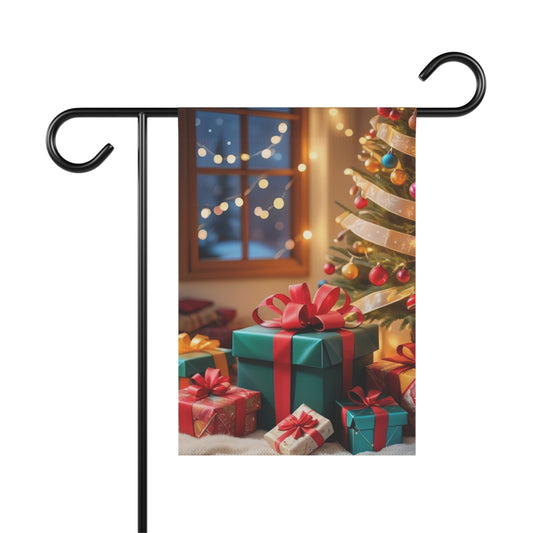 Garden flag with multiple wrapped Christmas presents in red, green, and gold colors, placed under a decorated and lit Christmas tree, with a window showing a snowy night in the background.


