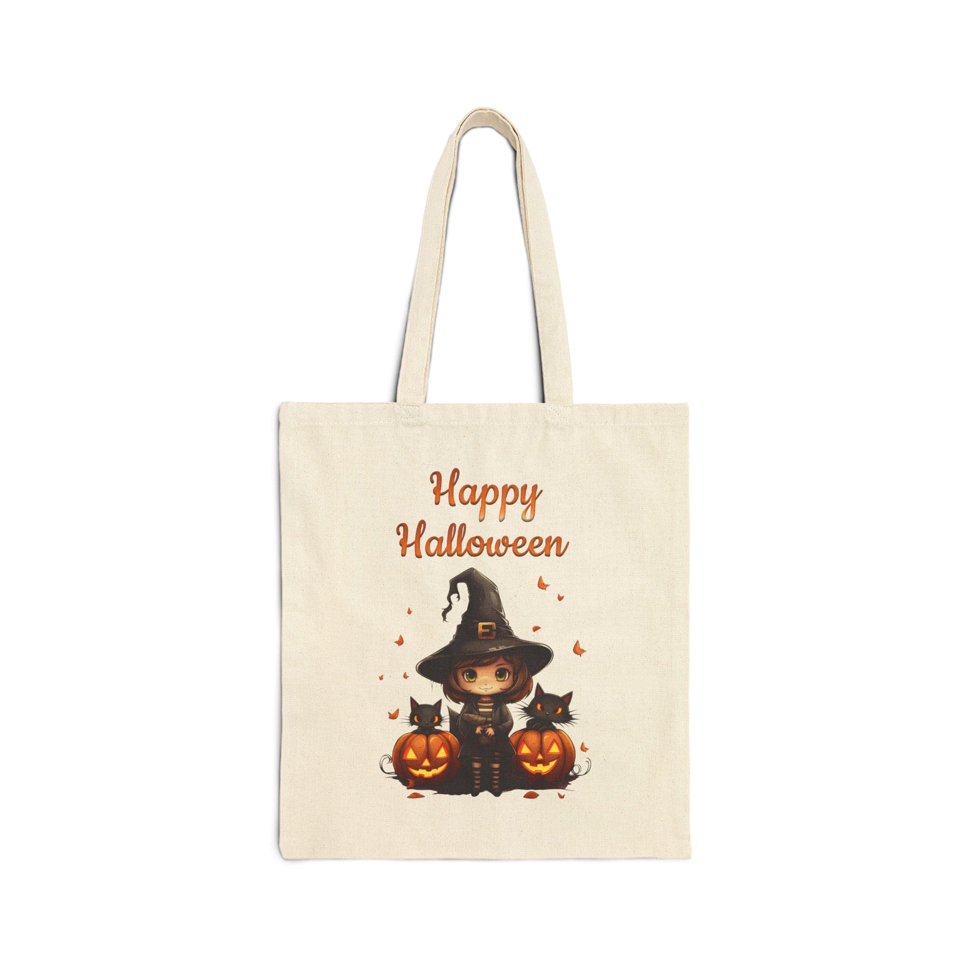 happy halloween canvas tote bag with a cute witch, two black cats, and pumpkins

