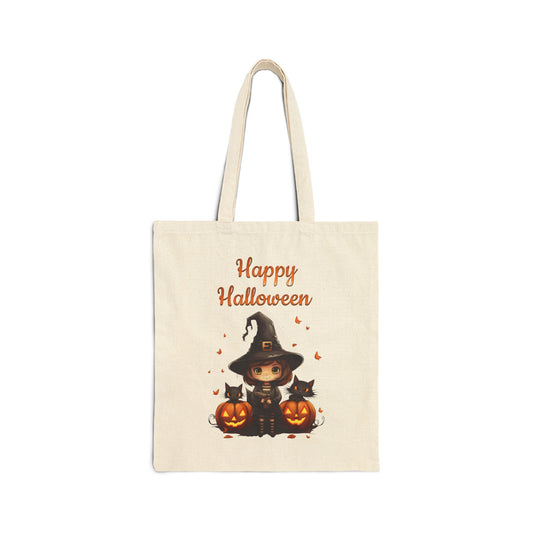 happy halloween canvas tote bag with a cute witch, two black cats, and pumpkins

