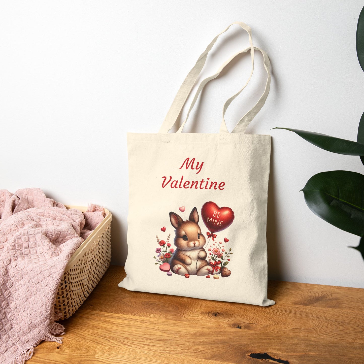 My Valentine Bunny Canvas Tote Bag with 'Be Mine' Balloon