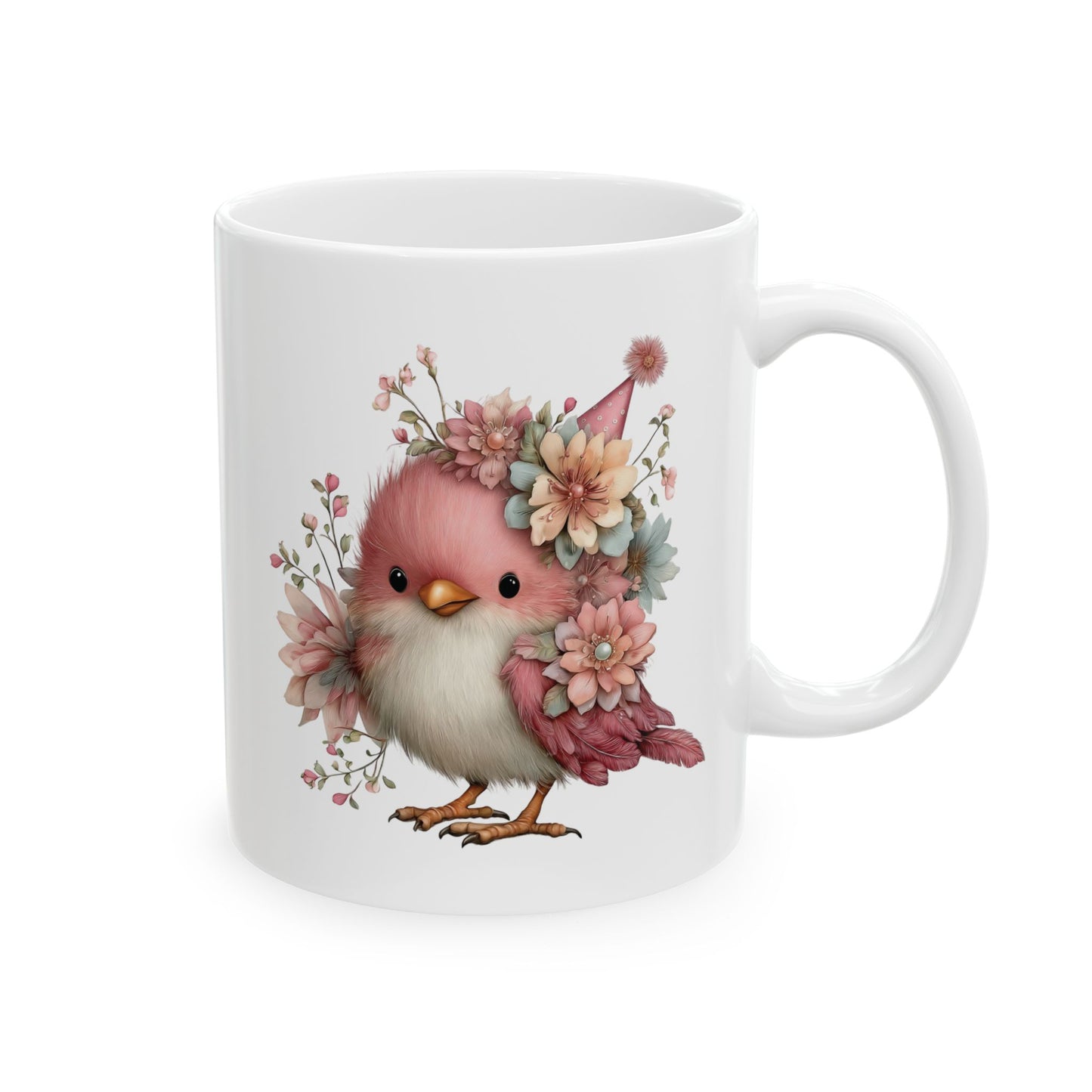 Cute pink fluffy songbird wearing a party hat and floral crown on a white ceramic coffee mug