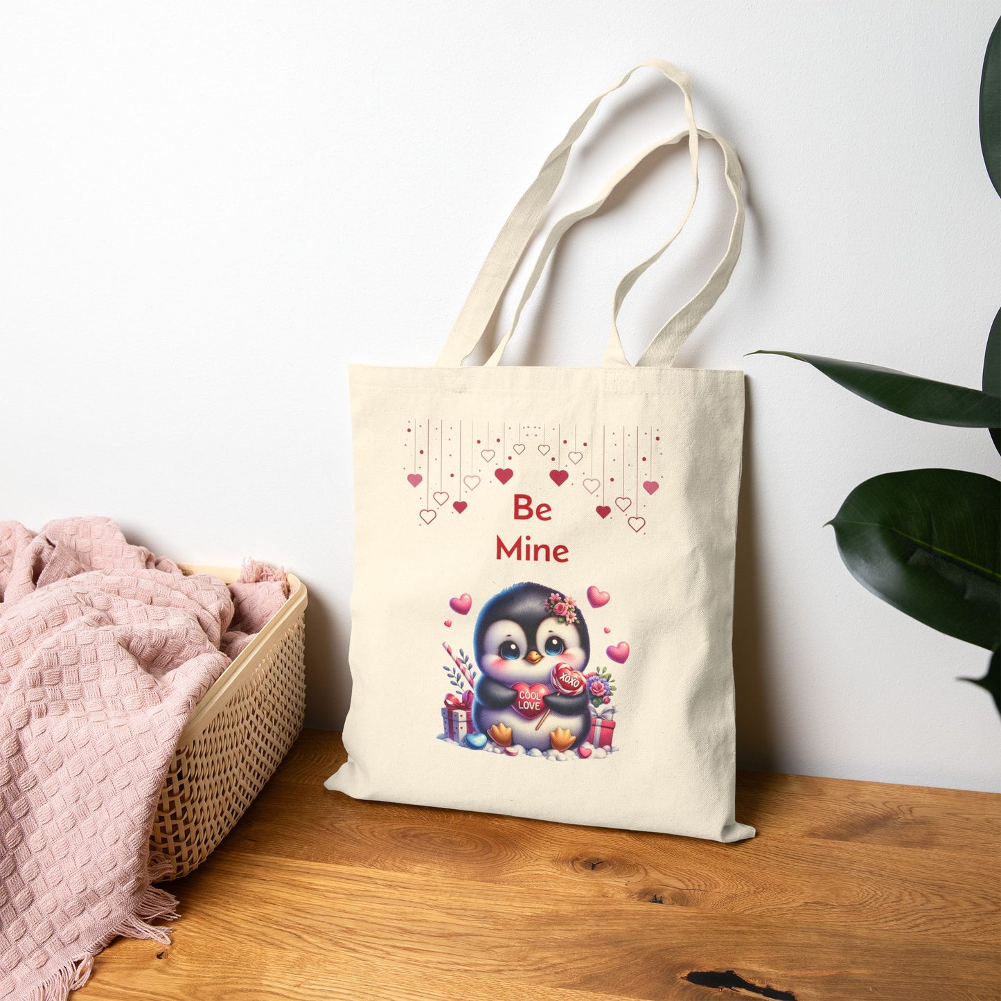 Be Mine Penguin Canvas Tote Bag with Love Heart Candy