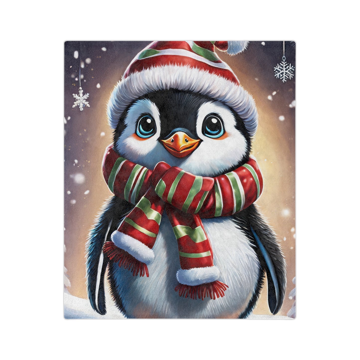 Cute penguin wearing a Santa hat and scarf on a plush holiday blanket with snowflakes and a winter background