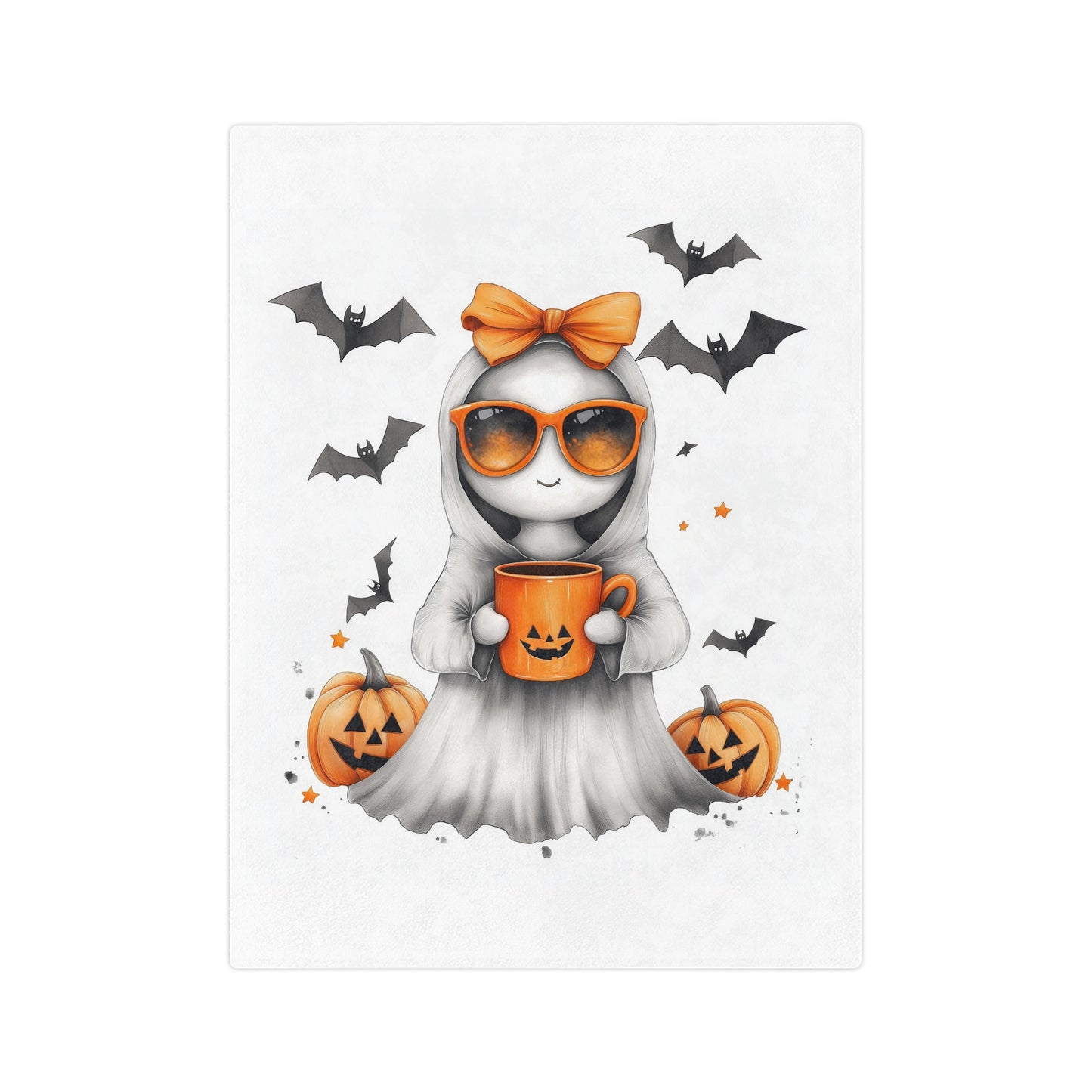 Cute ghost with orange bow and sunglasses holding a pumpkin mug, surrounded by bats and small pumpkins on a white lightweight velveteen blanket

