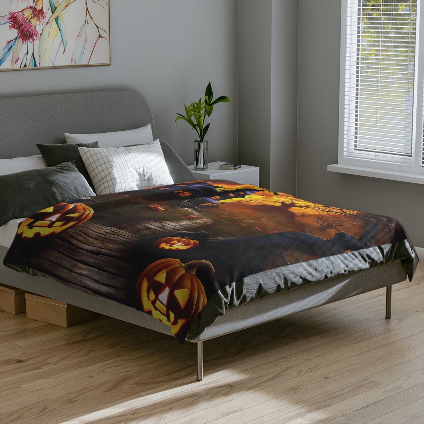 Haunted House & Orange Moon Halloween Lightweight Velveteen Blanket