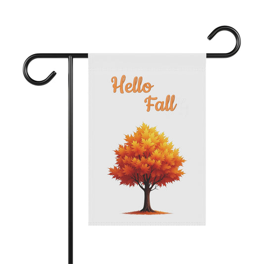 Hello Fall garden flag with a golden autumn tree with yellow and orange leaves.

