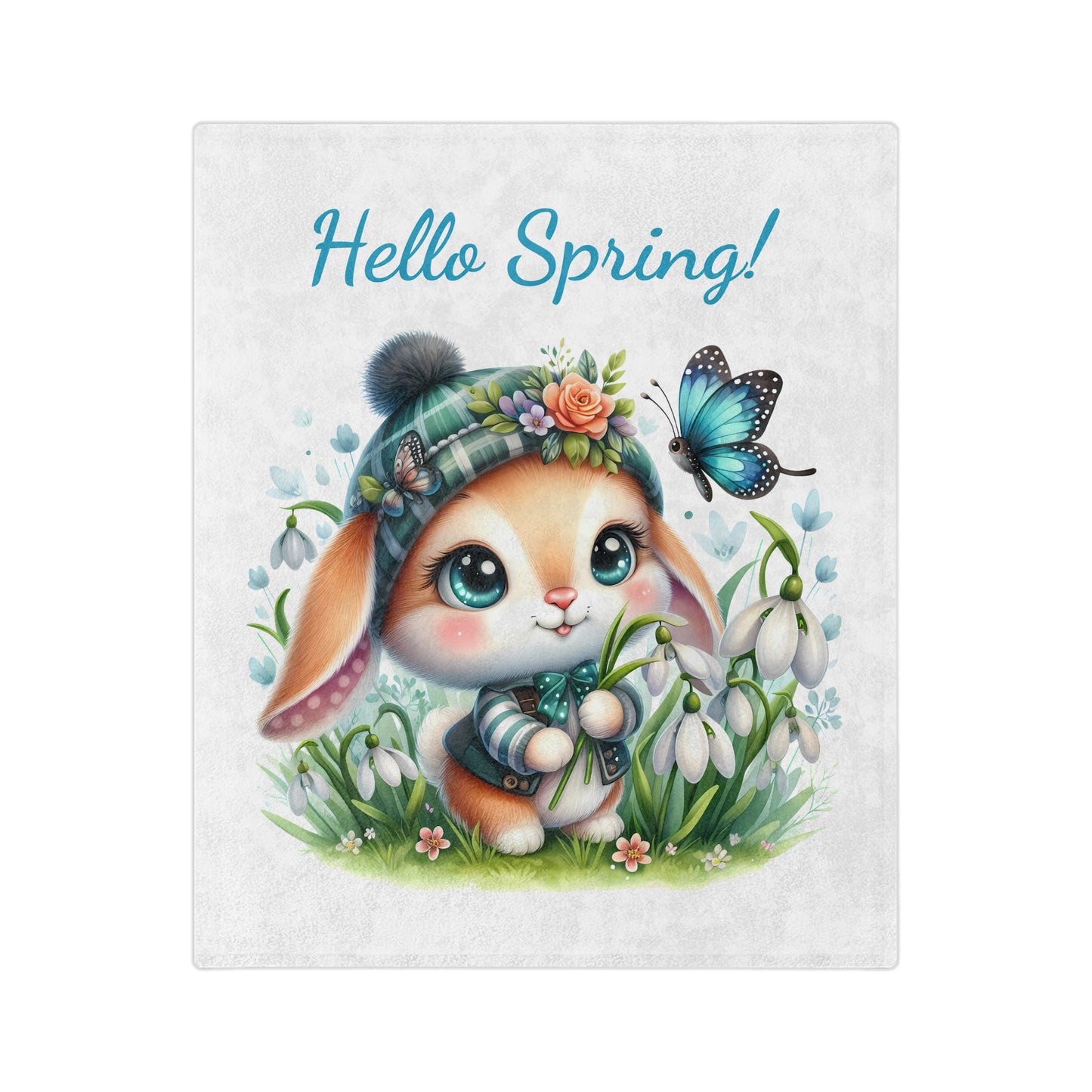 "Hello Spring!" Cute Bunny Velveteen Blanket