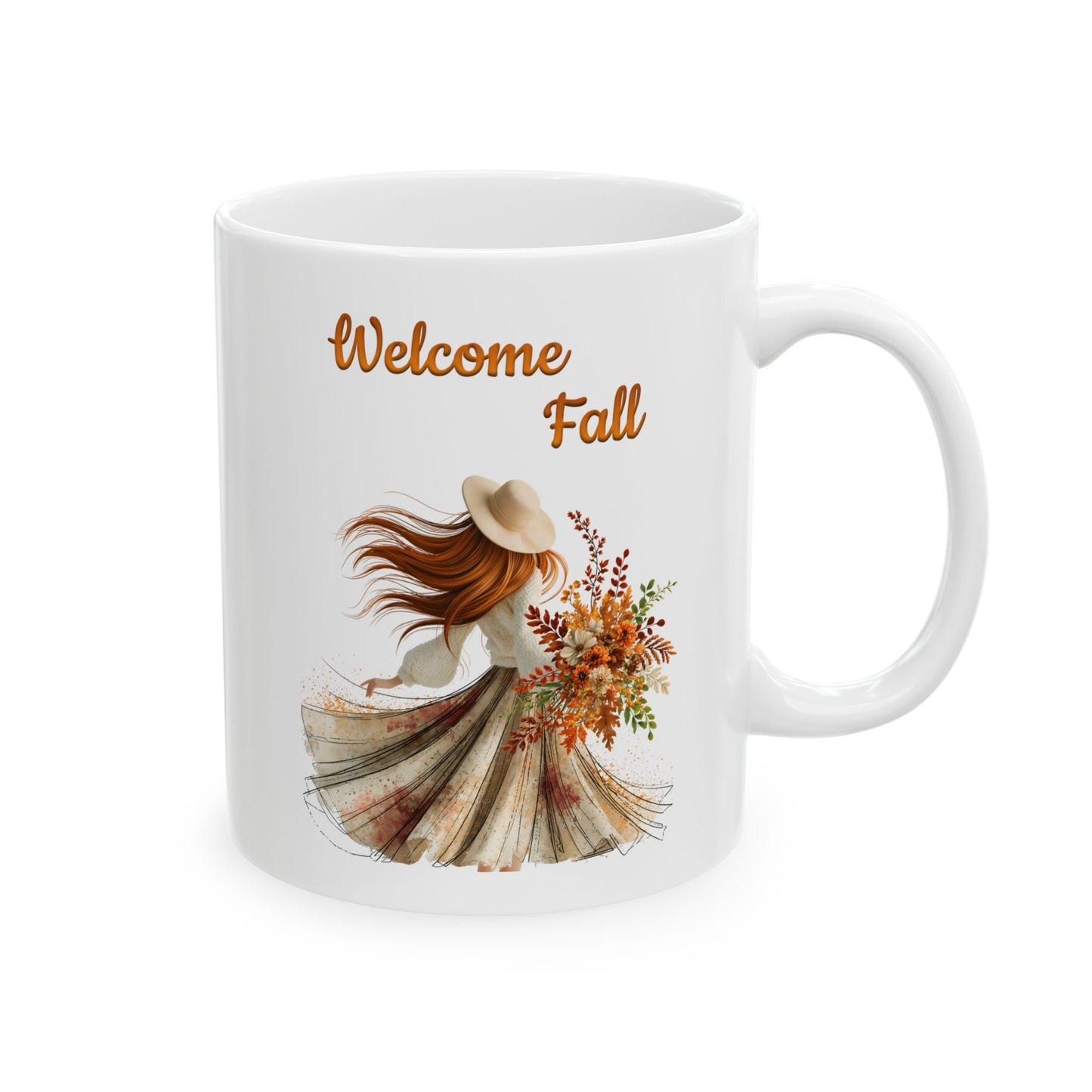 White ceramic mug featuring autumn fashion illustration beneath script text reading Welcome Fall.