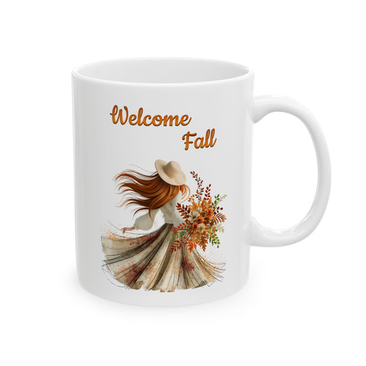 White ceramic mug featuring autumn fashion illustration beneath script text reading Welcome Fall.