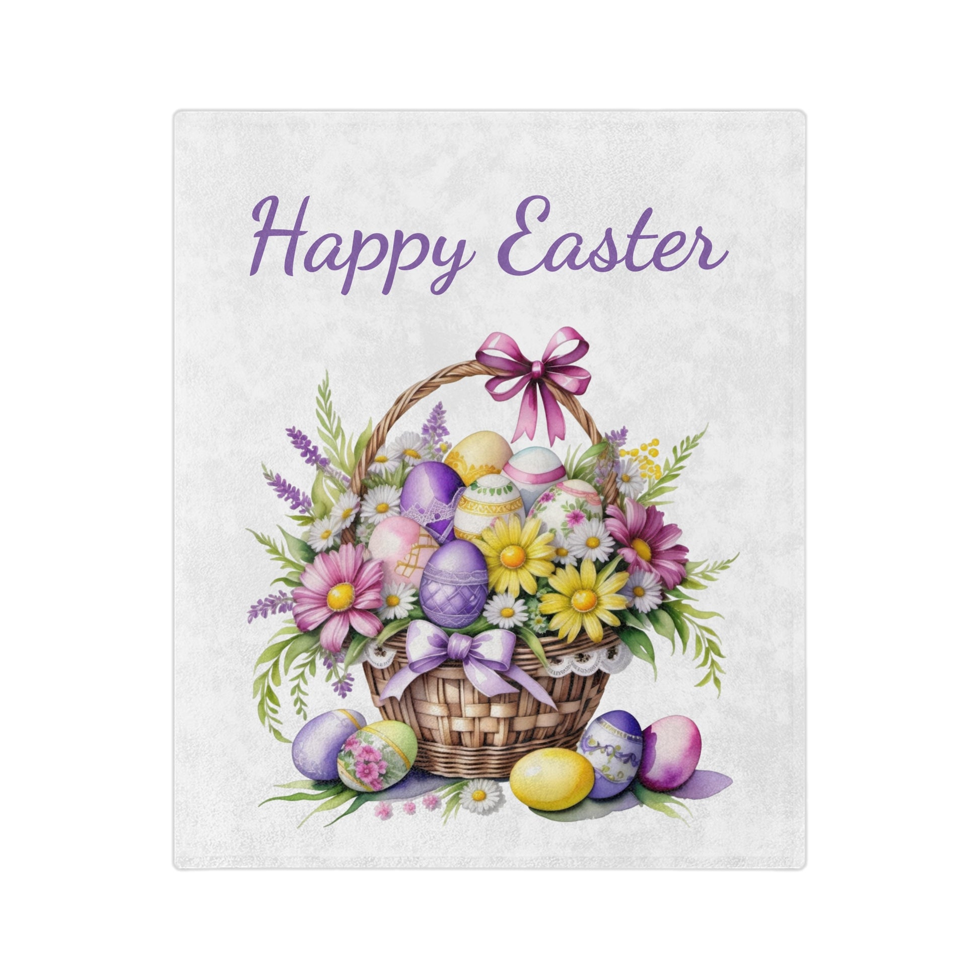 Lightweight white velveteen blanket with an illustration of a basket filled with flowers and decorated Easter eggs, and the text "Happy Easter."

