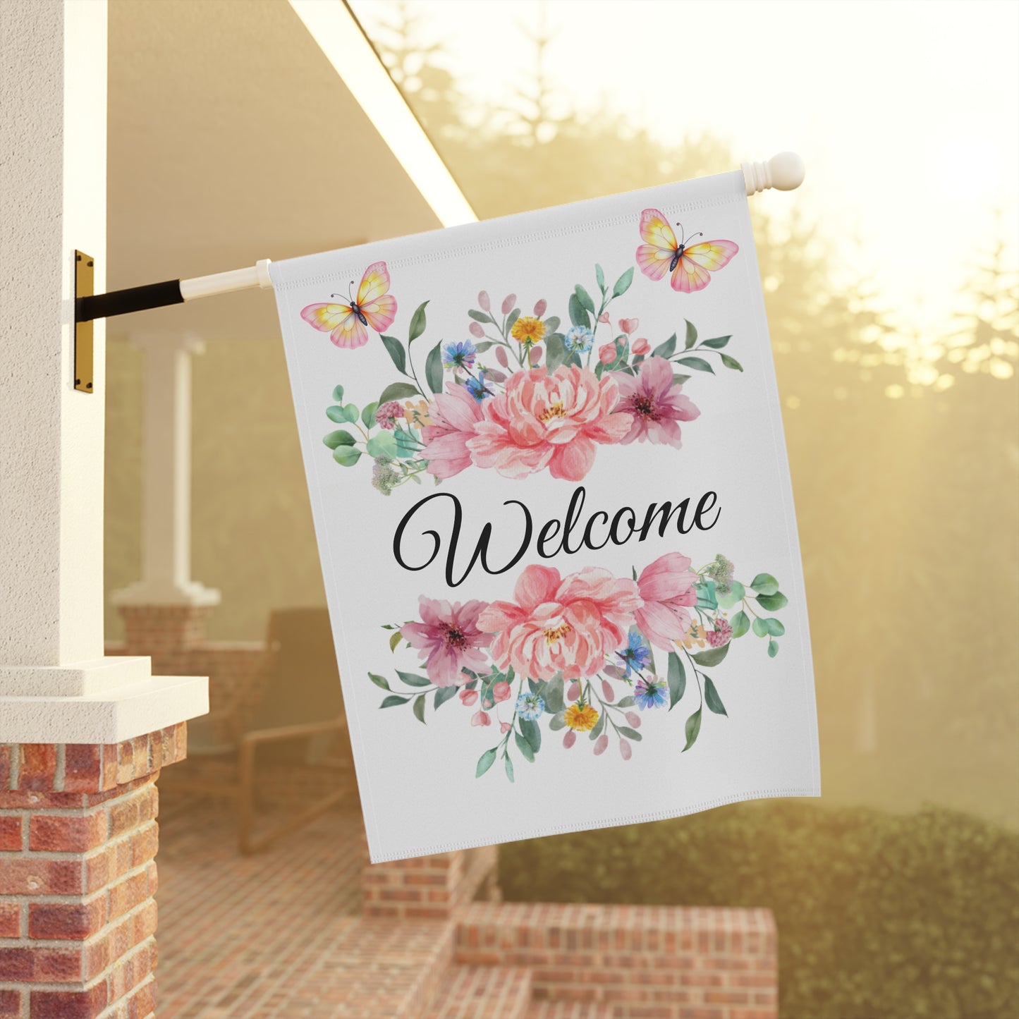 Pink Floral Bouquet with Butterflies Garden Flag