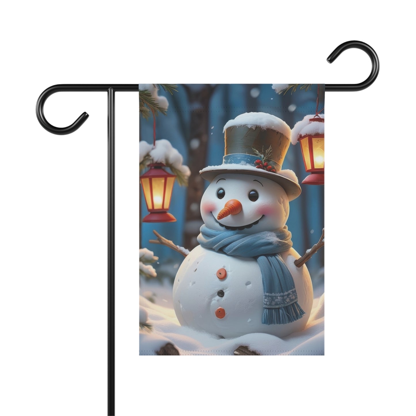 Garden flag with a cheerful snowman wearing a top hat and a blue scarf, in a snowy scene with two illuminated red lanterns hanging in the background.

