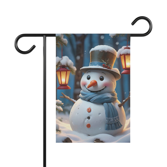 Garden flag with a cheerful snowman wearing a top hat and a blue scarf, in a snowy scene with two illuminated red lanterns hanging in the background.

