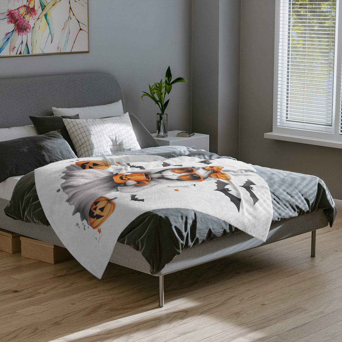 Cool Ghost with Sunglasses & Pumpkin Drink Halloween Lightweight Velveteen Blanket