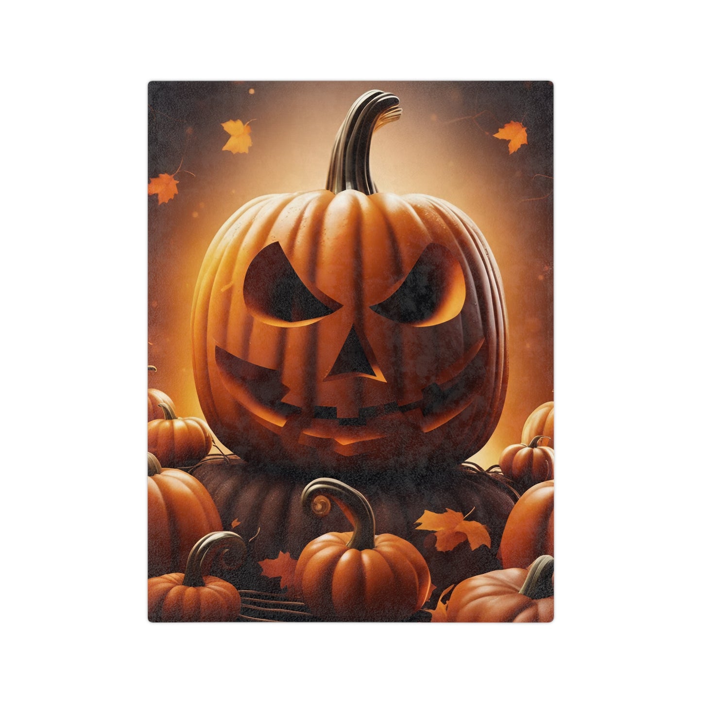 Lightweight velveteen blanket with a large, glowing grinning jack-o'-lantern surrounded by smaller pumpkins and autumn leaves, spooky Halloween decor.

