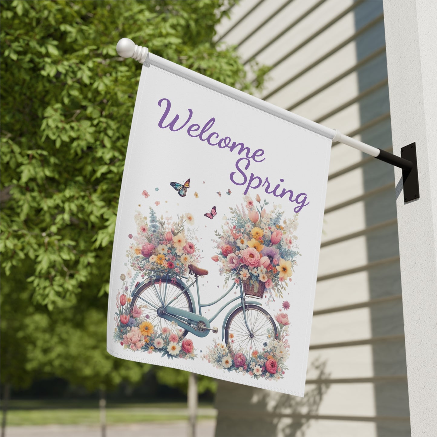 Welcome Spring Garden Flag with Floral Bicycle Design