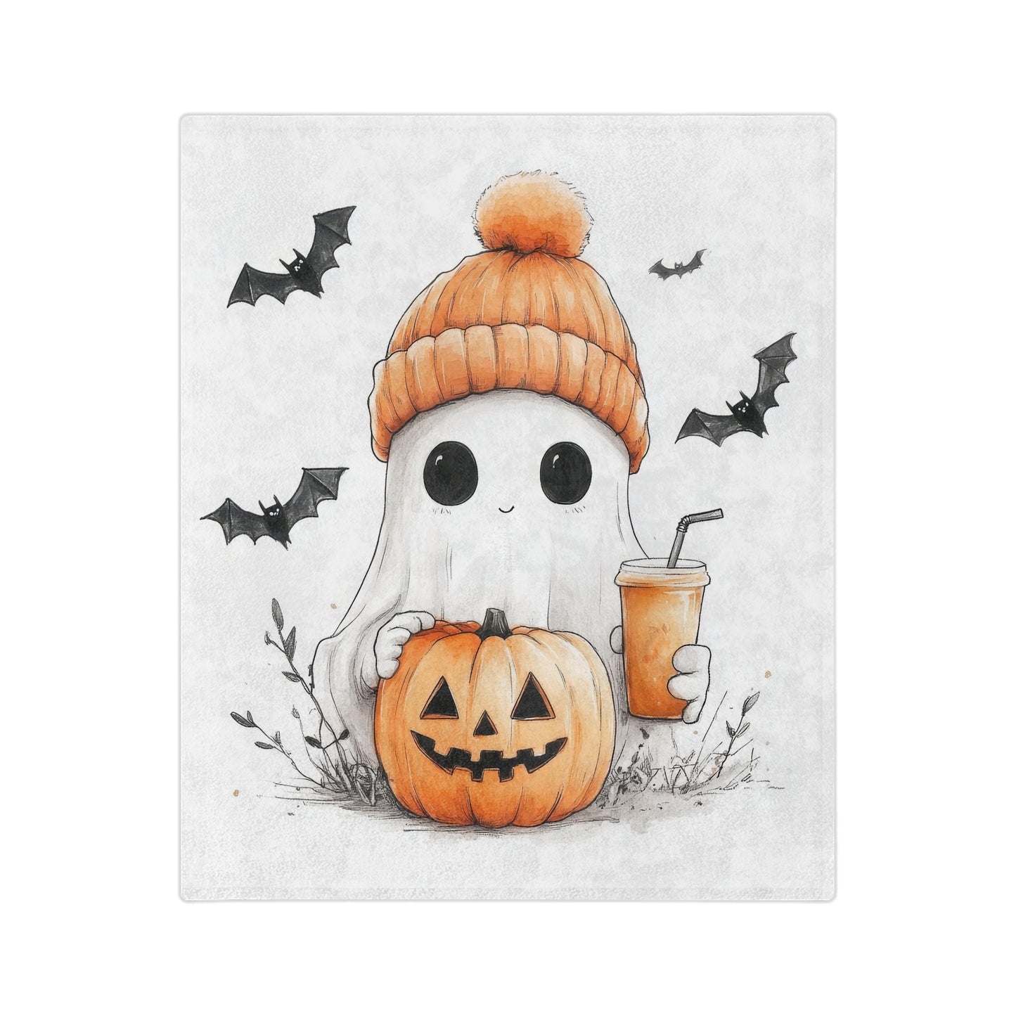 Cute Ghost with Pumpkin & Drink Halloween Lightweight Velveteen Blanket