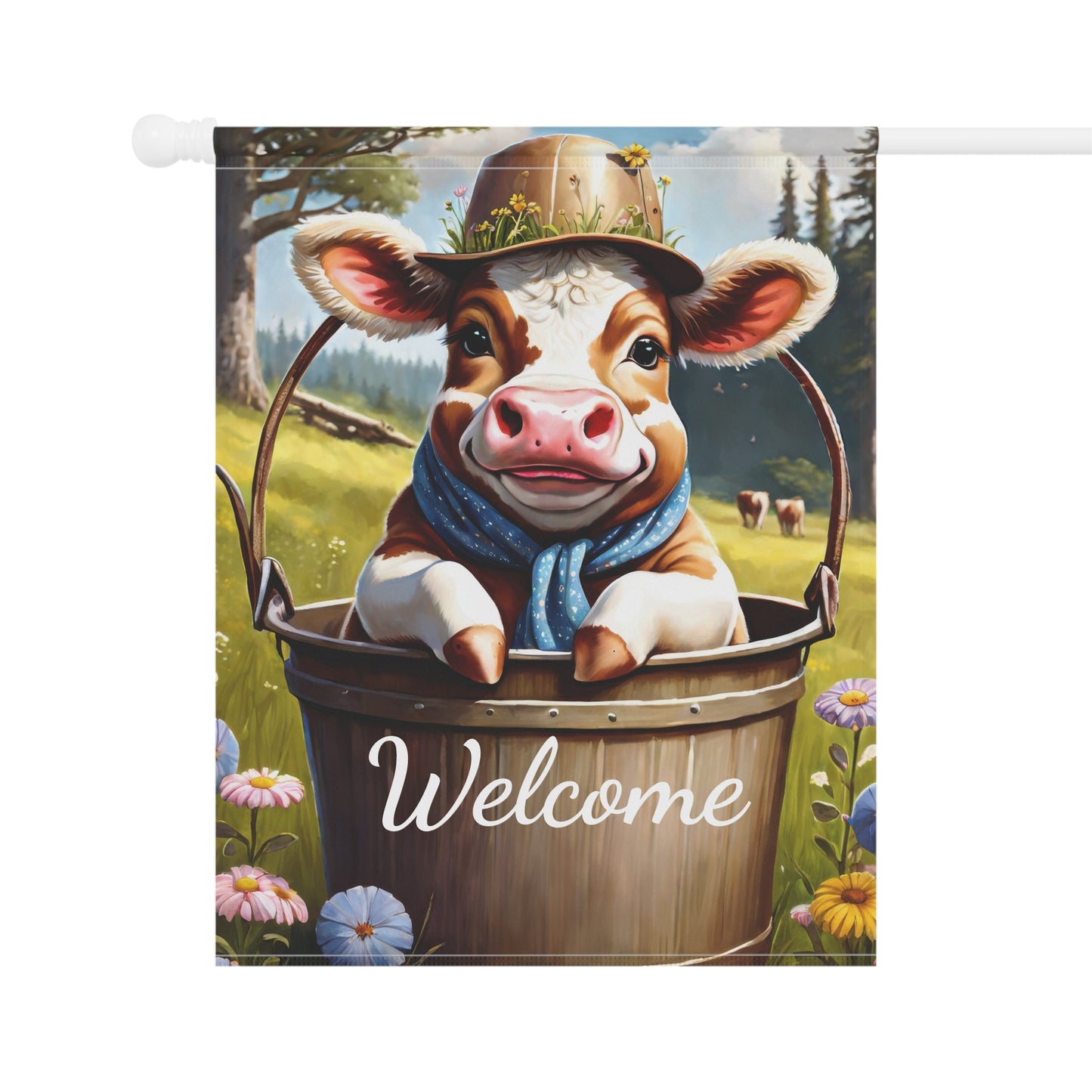 Welcome Garden Flag with Cute Cow in Bucket
