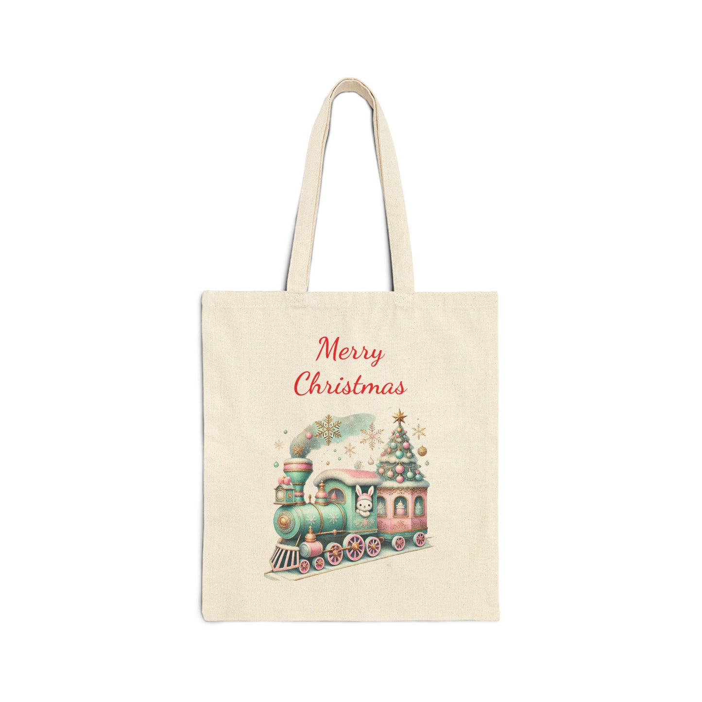 Merry Christmas tote bag featuring a whimsical holiday train with a bunny