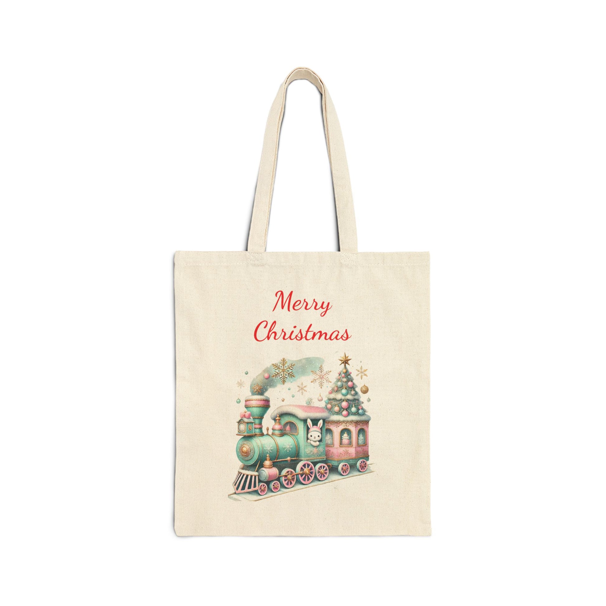 Merry Christmas tote bag featuring a whimsical holiday train with a bunny