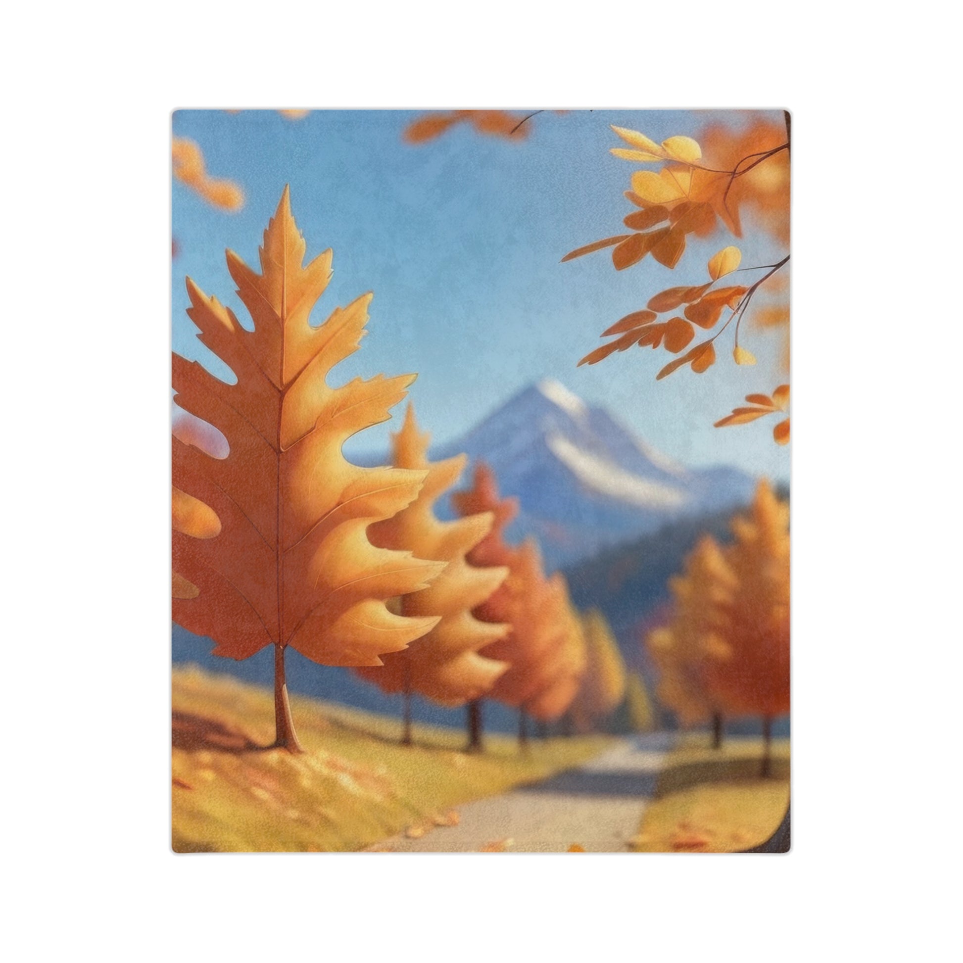 Lightweight white velveteen blanket with a central illustration of an autumn mountain landscape featuring large orange and gold oak leaves in the foreground, a path, and distant snow-capped mountains under a blue sky.

