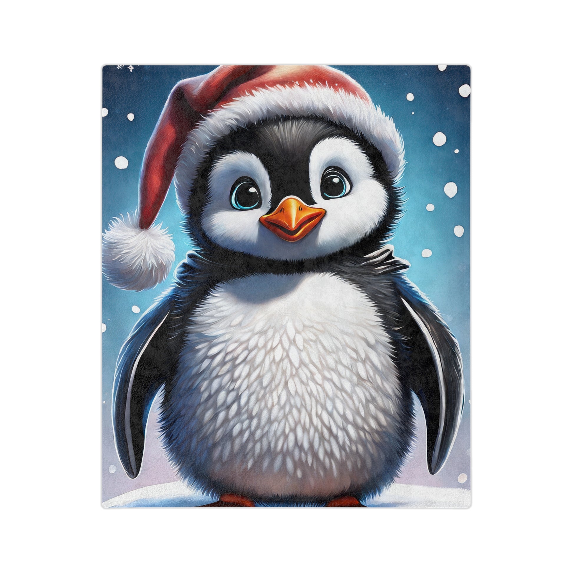Cute baby penguin in a Santa hat on a Christmas velveteen plush blanket with snowy background