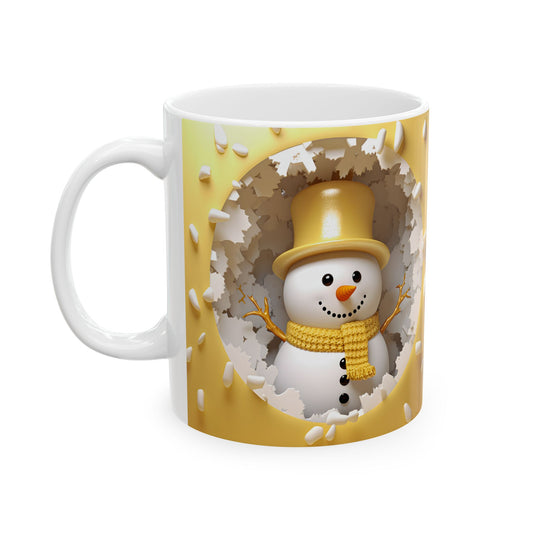 White ceramic coffee mug with a 3D-style illustration of a cute snowman wearing a yellow top hat and scarf, peeking out from a textured white snowy circular frame on a yellow background.