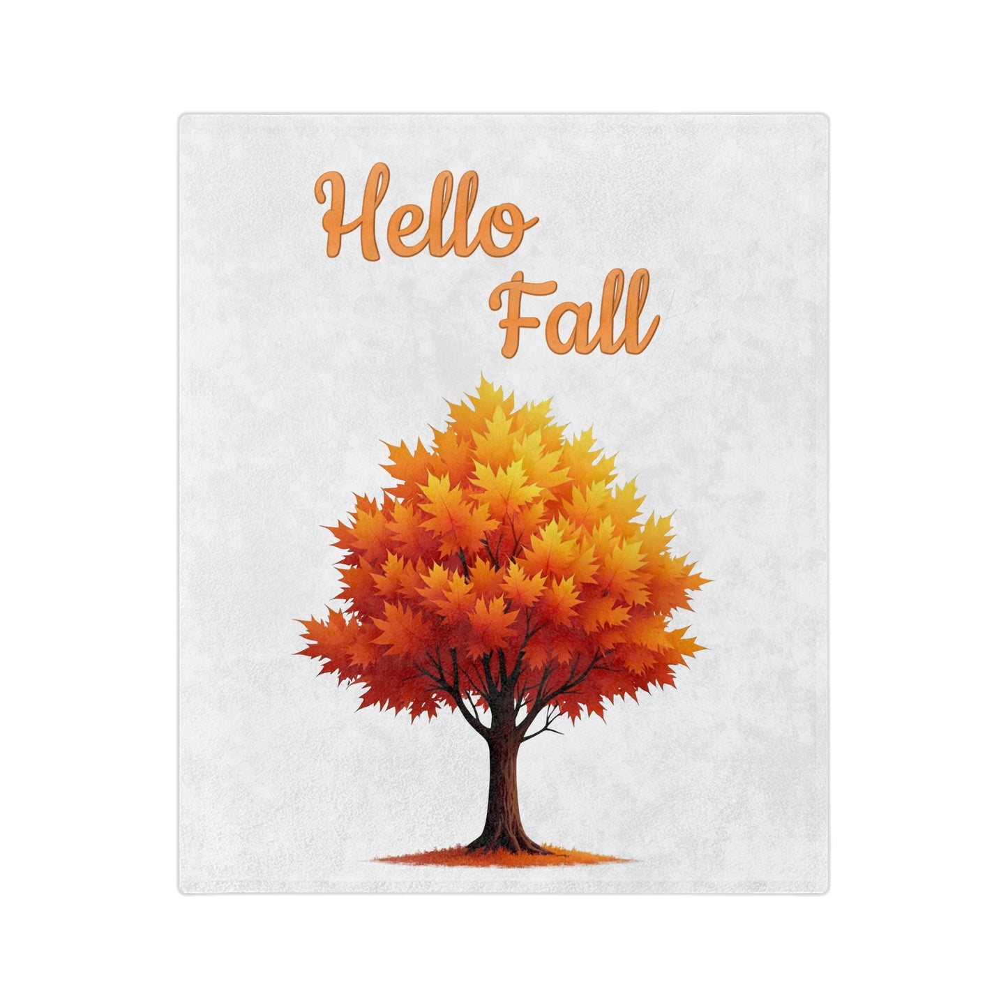 Hello Fall velveteen blanket with a vibrant illustration of an autumn tree with orange and yellow leaves, on a white background.

