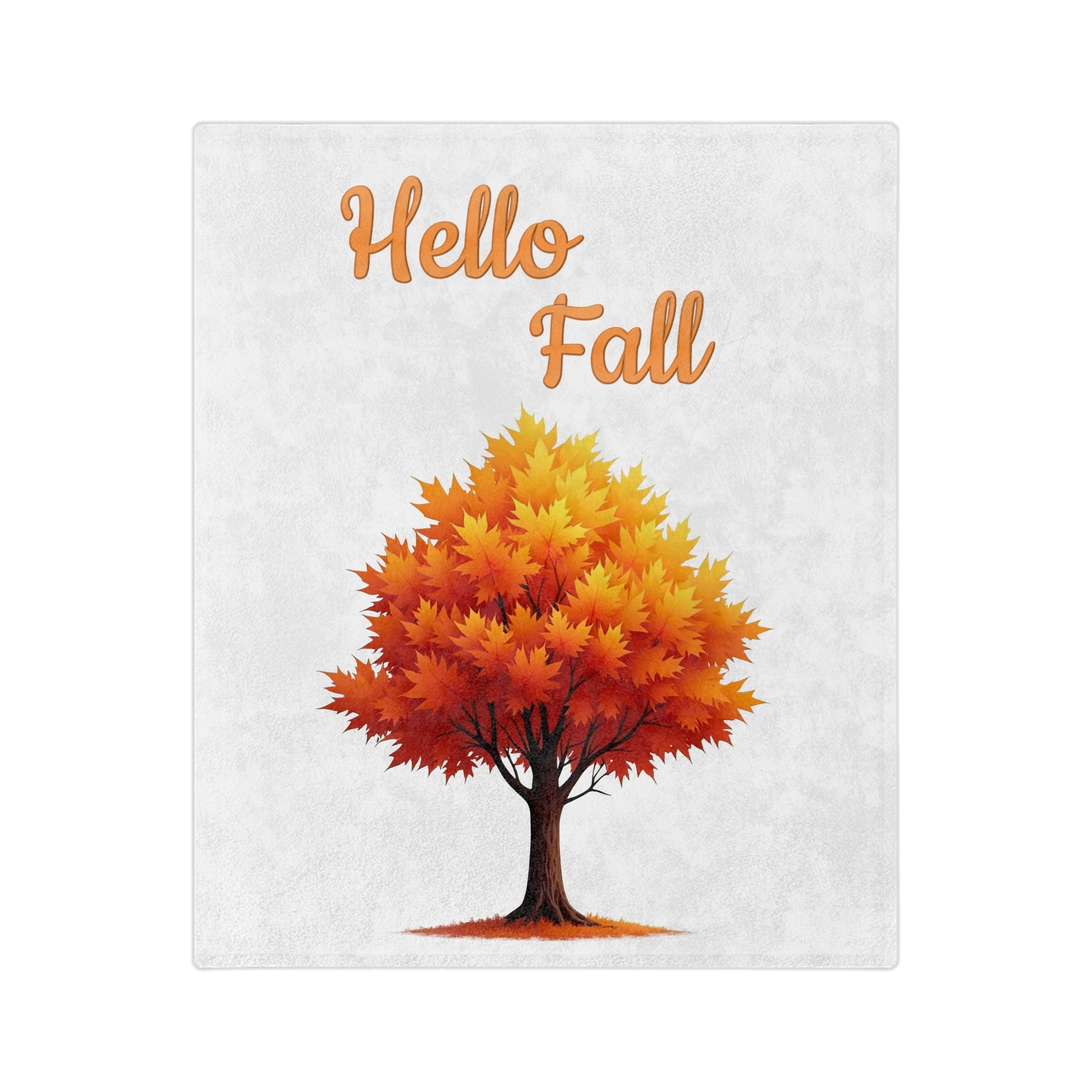 Hello Fall velveteen blanket with a vibrant illustration of an autumn tree with orange and yellow leaves, on a white background.

