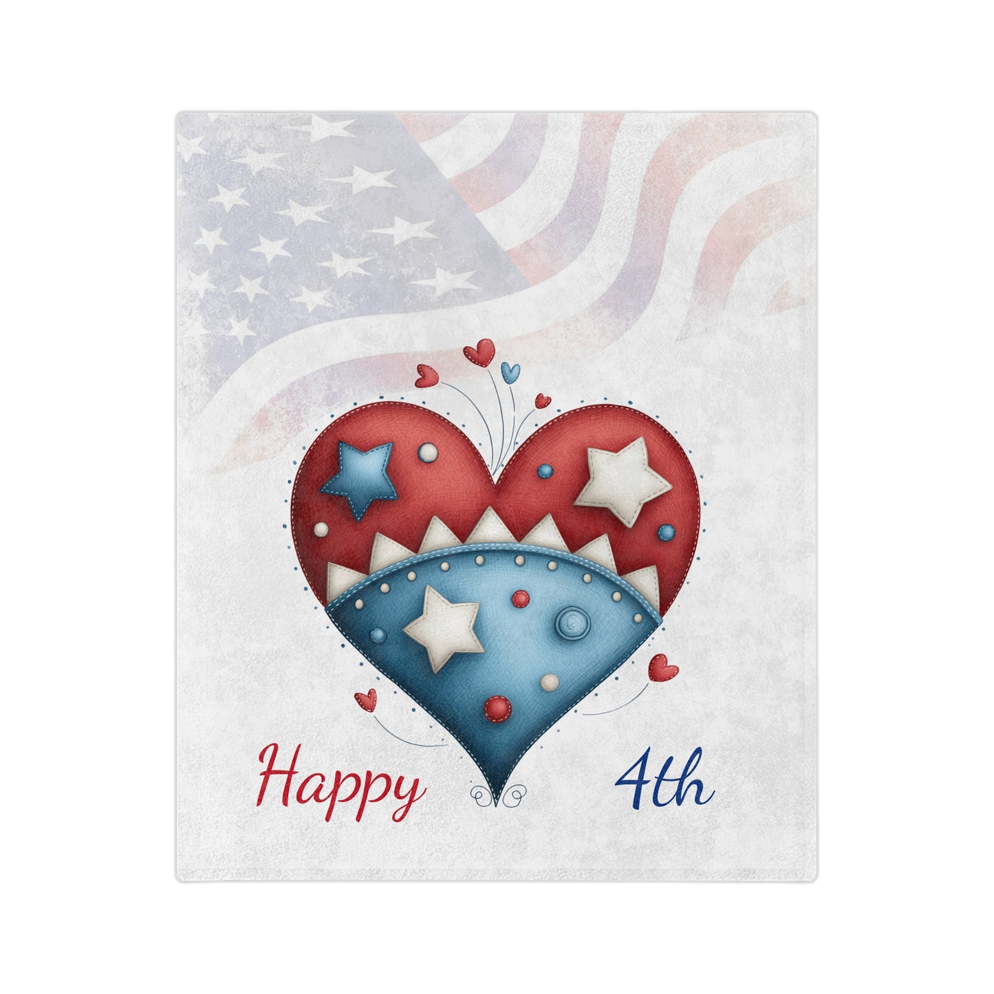 Velveteen plush blanket with red and blue heart design, stars, and subtle American flag background, "Happy 4th" text