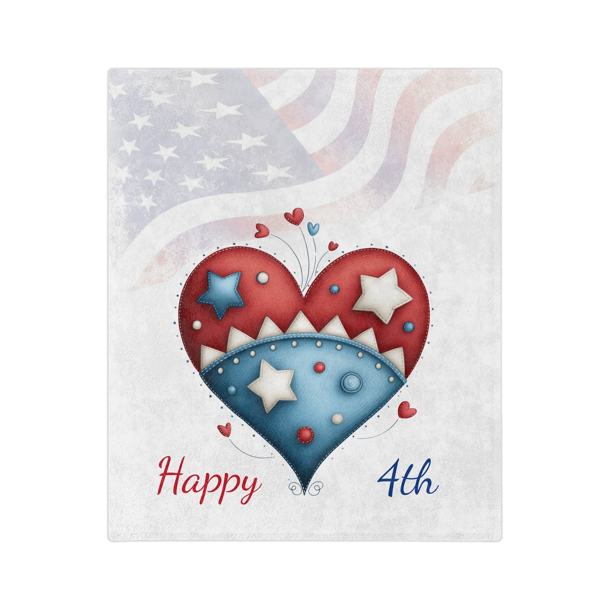 Velveteen plush blanket with red and blue heart design, stars, and subtle American flag background, "Happy 4th" text
