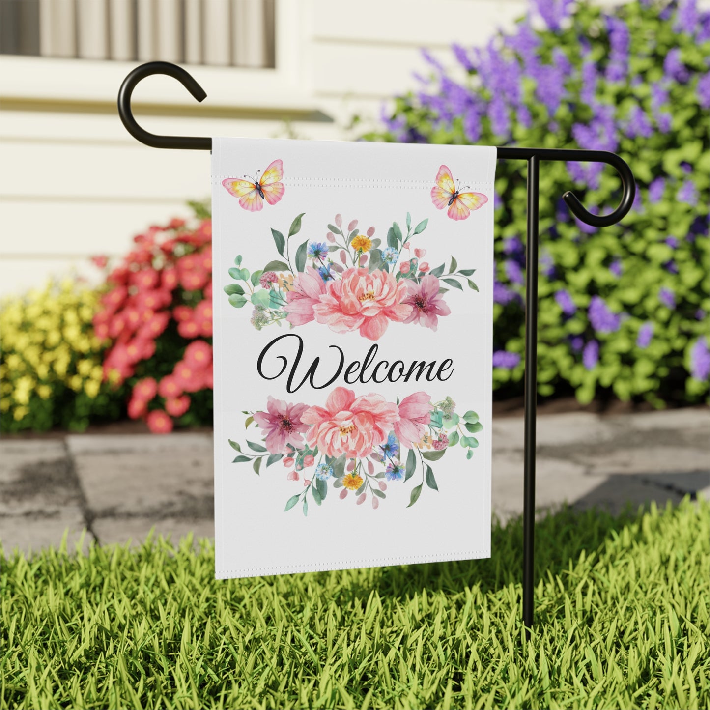 Pink Floral Bouquet with Butterflies Garden Flag
