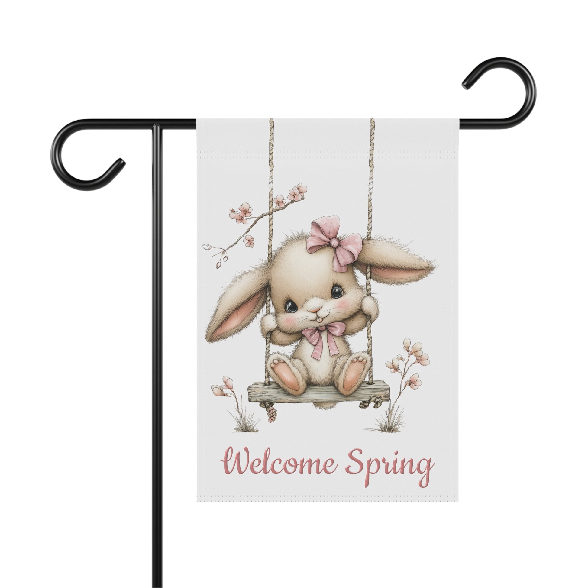 Cute bunny with pink bows sitting on a rope swing under blossom branches with Welcome Spring text on a white garden flag, Outdoor spring garden flag on a metal stand featuring cute bunny on a swing artwork with Welcome Spring lettering, Cute bunny Welcome Spring yard flag for outdoor front porch and garden decor
