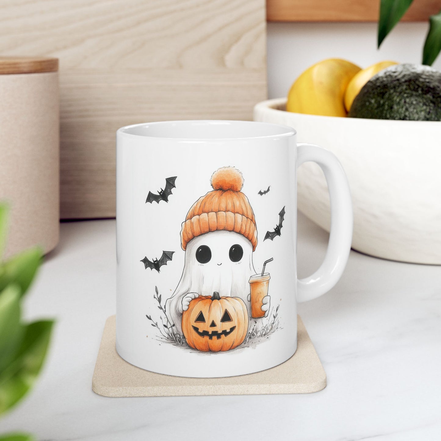 Adorable Ghost with Beanie & Pumpkin Coffee Mug