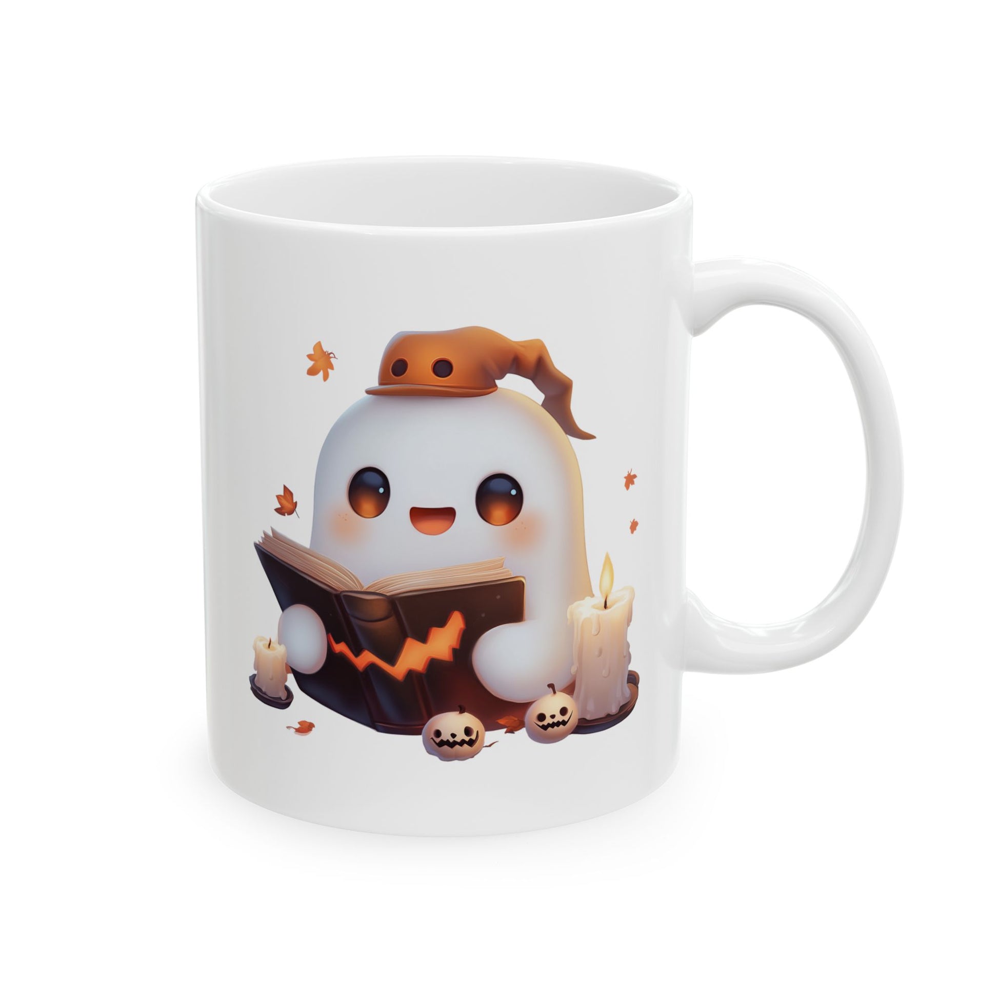 White ceramic coffee mug featuring an adorable cartoon ghost wearing an orange hat and reading a dark spellbook with a glowing jack-o'-lantern face, surrounded by lit candles and mini pumpkins.
