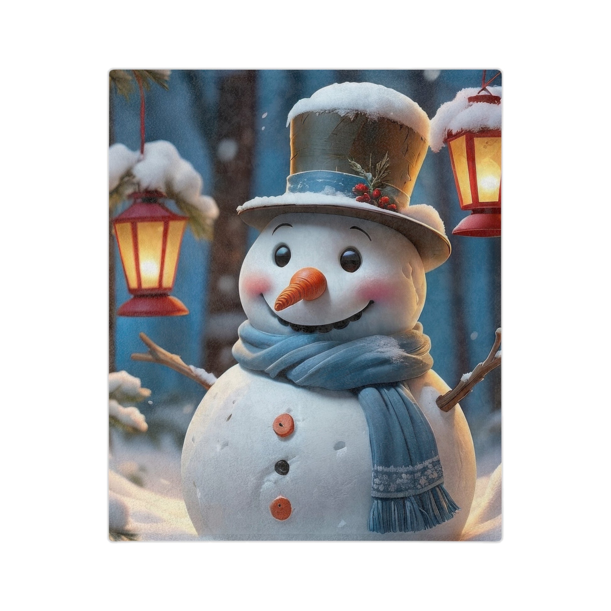 Velveteen plush blanket with a smiling snowman wearing a blue scarf and top hat, surrounded by glowing red lanterns and snow