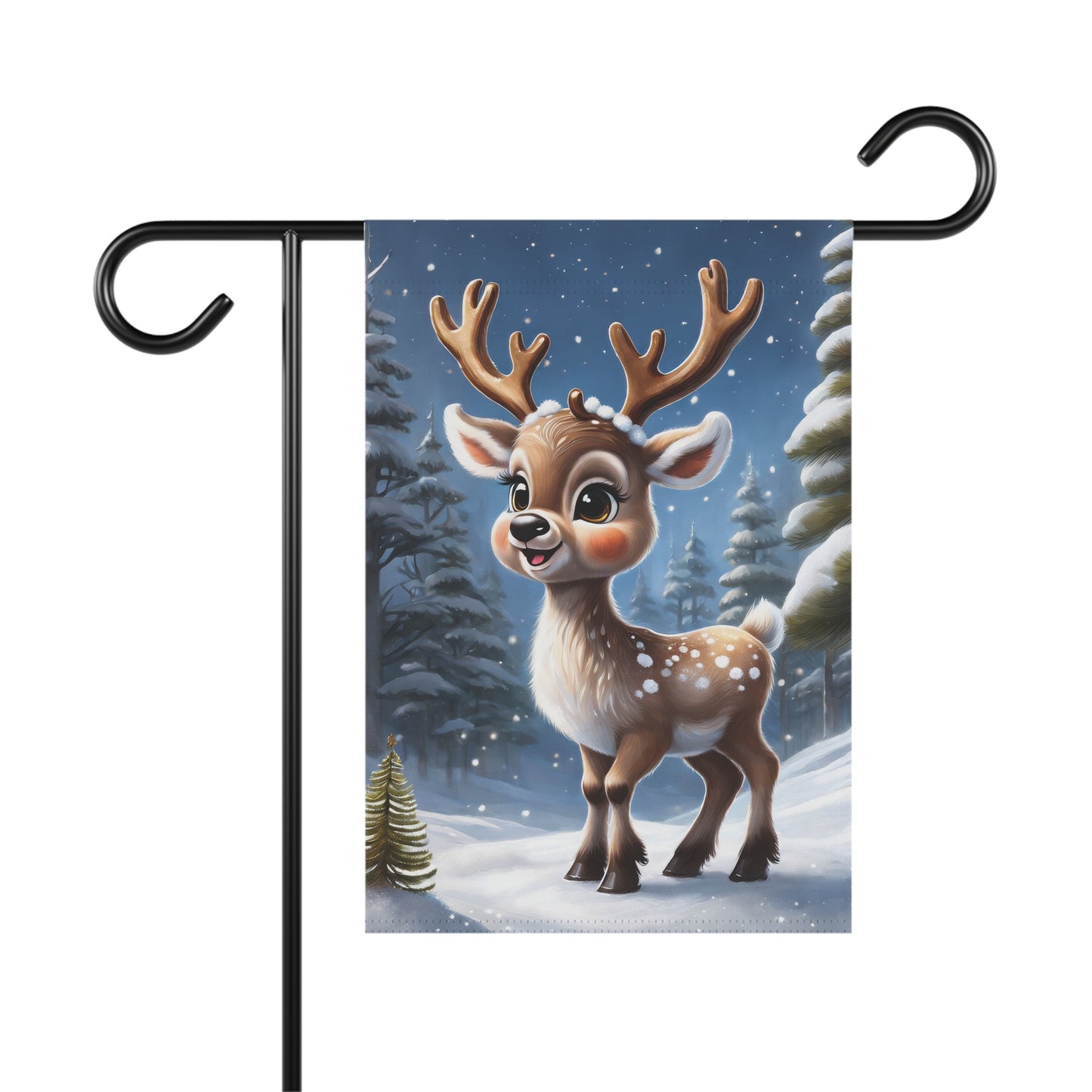 Cute cartoon young reindeer garden flag with spots, antlers, and a happy face, standing in a snowy forest with falling snowflakes, festive holiday outdoor decor.

