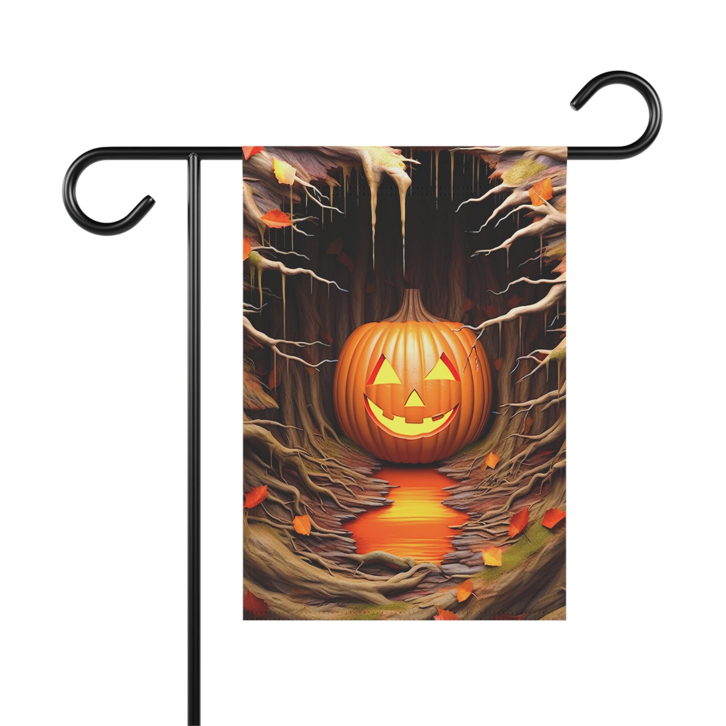“Halloween garden flag with glowing jack-o'-lantern in twisted forest and falling autumn leaves”