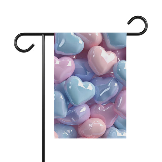 Pastel glossy hearts garden flag with 3D hearts in soft pink, blue, and lavender for romantic outdoor yard decor