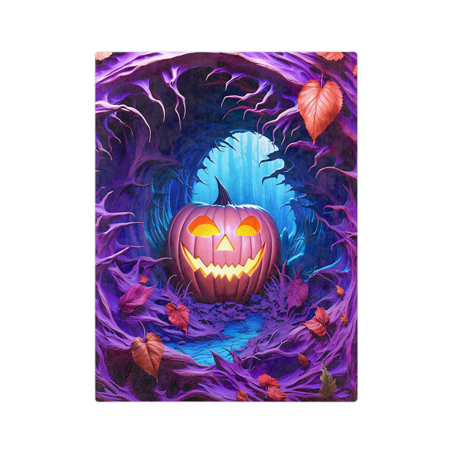 Halloween garden flag with a glowing jack-o'-lantern inside a purple and blue enchanted tree hollow, with spooky branches and glowing water.

