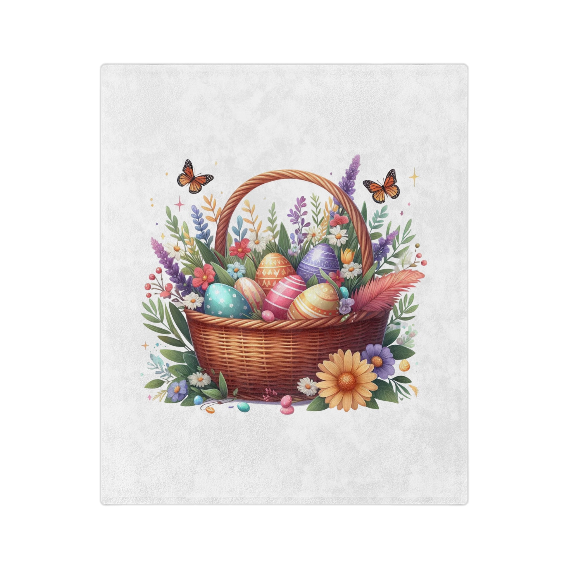 "Close-up of a lightweight velveteen blanket featuring a brown woven Easter basket brimming with colorful patterned Easter eggs (blue, pink, purple, yellow striped) and a lush arrangement of spring flowers, including purple lavender, pink blossoms, and yellow and purple daisies. Two brown and orange butterflies are flying above the basket. The basket sits on a hint of green grass with small flowers and colorful candy sprinkles scattered around. 
