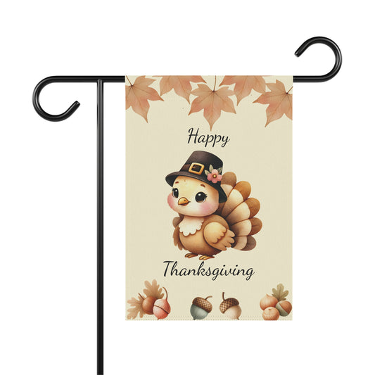 Cute Happy Thanksgiving garden flag with cartoon turkey in pilgrim hat and fall acorns