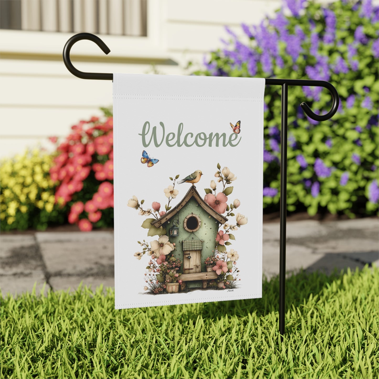 Birdhouse Welcome Garden Flag
