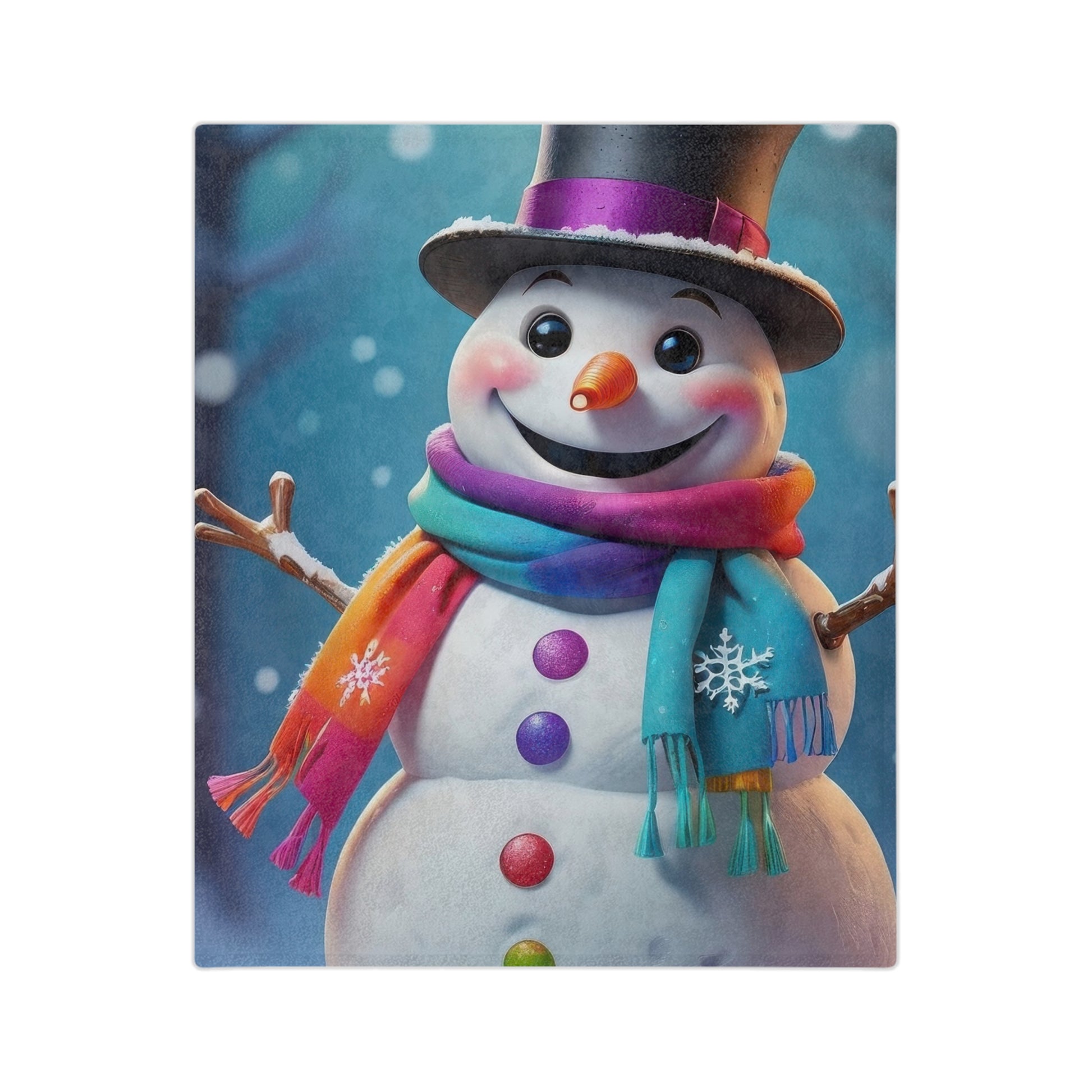 Colorful snowman plush blanket with rainbow scarf and winter snow background
