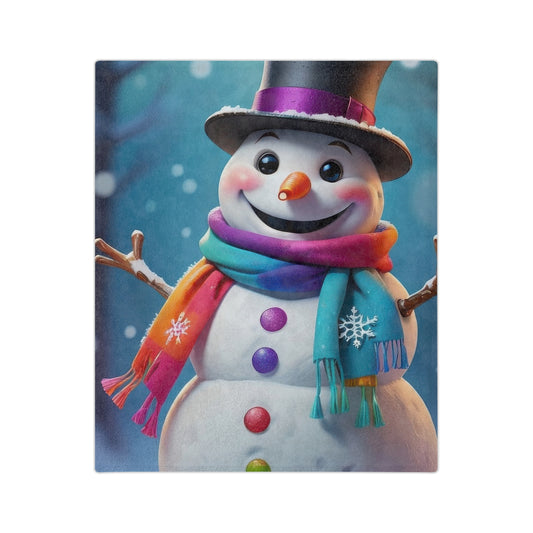 Colorful snowman plush blanket with rainbow scarf and winter snow background